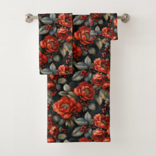 Conjunto De Toalhas Flores vermelhas em preto