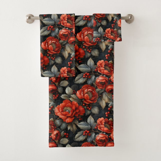 Conjunto De Toalhas Flores vermelhas em preto (Insitu)