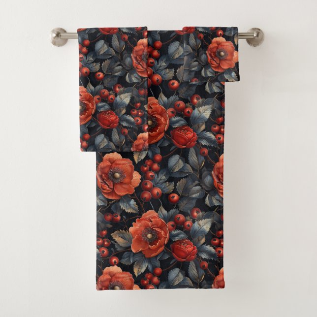 Conjunto De Toalhas Flores vermelhas em preto (Insitu)
