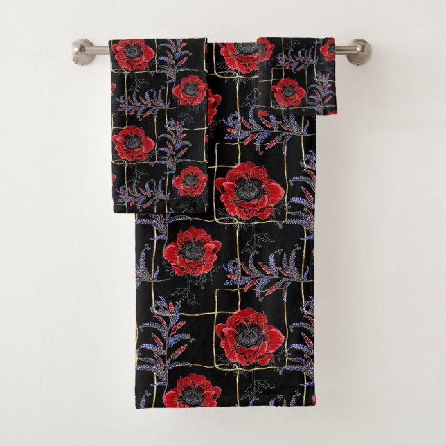 Conjunto De Toalhas Flores vermelhas em preto. (Insitu)