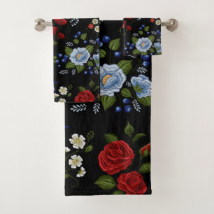 Conjunto De Toalhas Flores Vermelhos e Azuis Bordados Faux