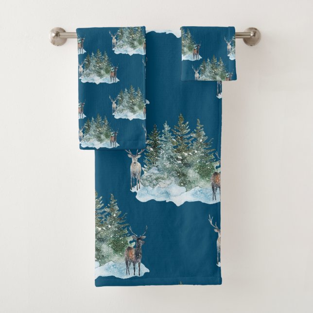 Conjunto De Toalhas Floresta Maravilha Inverna Antlers Pine Trees (Insitu)