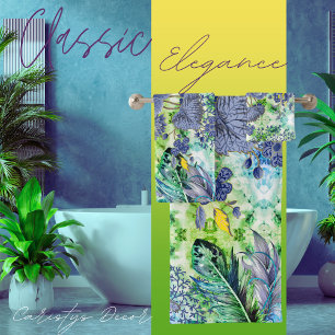 Conjunto De Toalhas Florestas de Azul, Branco Verde, Penas