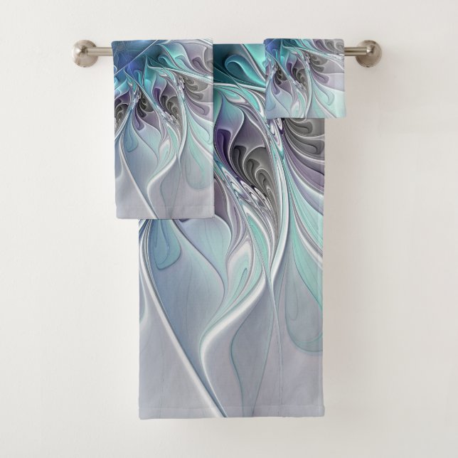 Conjunto De Toalhas Flourar Abstrato Moderno Flor Fractal Com Azul (Insitu)