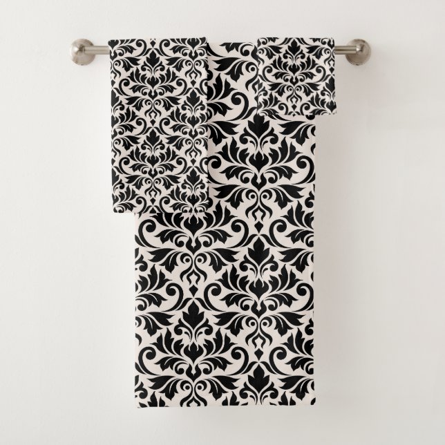 Conjunto De Toalhas Flourish Damask Pattern Black on Cream (Insitu)