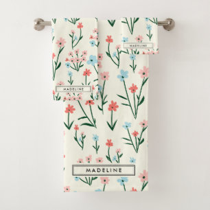 Conjunto De Toalhas Fofo Botânico Simples Flor Rosa Azul Floral