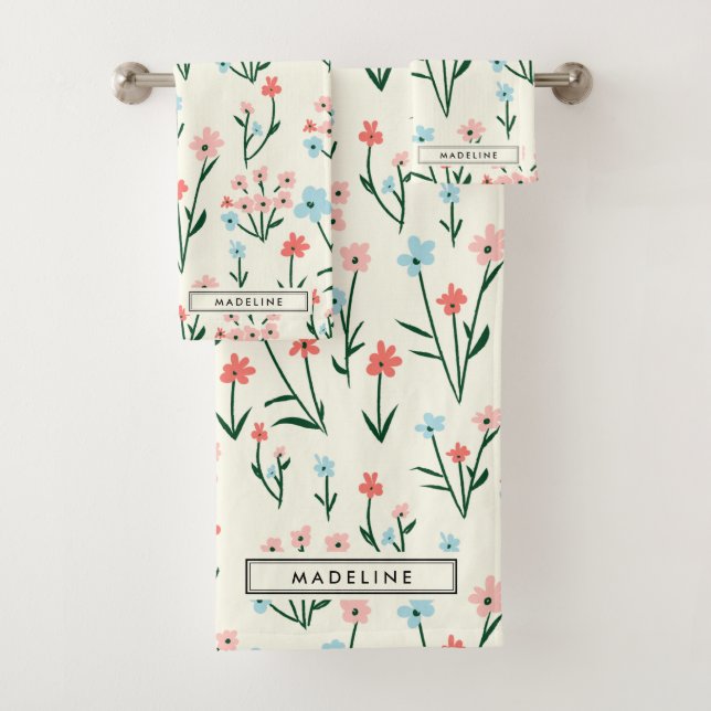 Conjunto De Toalhas Fofo Botânico Simples Flor Rosa Azul Floral (Insitu)