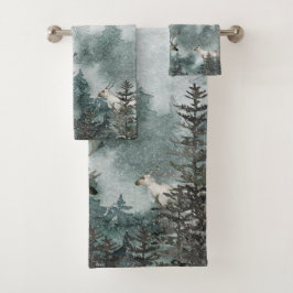 Conjunto De Toalhas Foggy Mountain Snowy Woodland Stag Deer