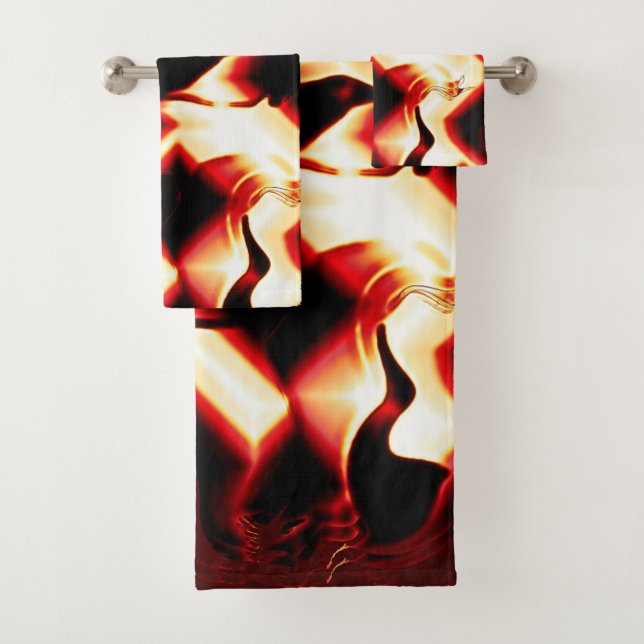 Conjunto De Toalhas Fogo esculpida sobre fundo vermelho mais escuro (Insitu)
