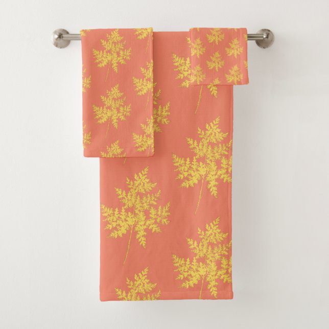 Conjunto De Toalhas Folha Dourada no Padrão Botânico Coral (Insitu)