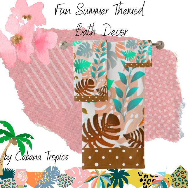 Conjunto De Toalhas Folha Tropical Teal, Castanho, Trim Rico Coral (Criador carregado)