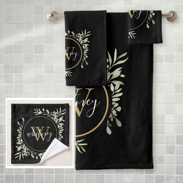 Conjunto De Toalhas Folhagem Dourada Monograma, Escuro Chic  (Greenery Foliage Gold Monogram Chic Script Black Bath Towel Set)