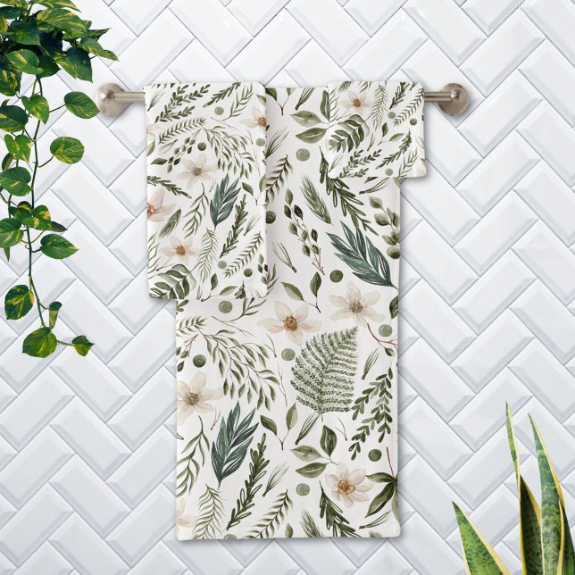 Conjunto De Toalhas Folhagem Flor Aquarela Sem Costura Padrão Floral S (In situ Bathroom wall)