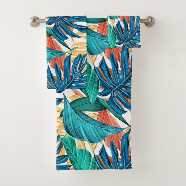 Conjunto De Toalhas Folhagem Tropical Exótica Deixa Azul Teal Siena (Insitu)