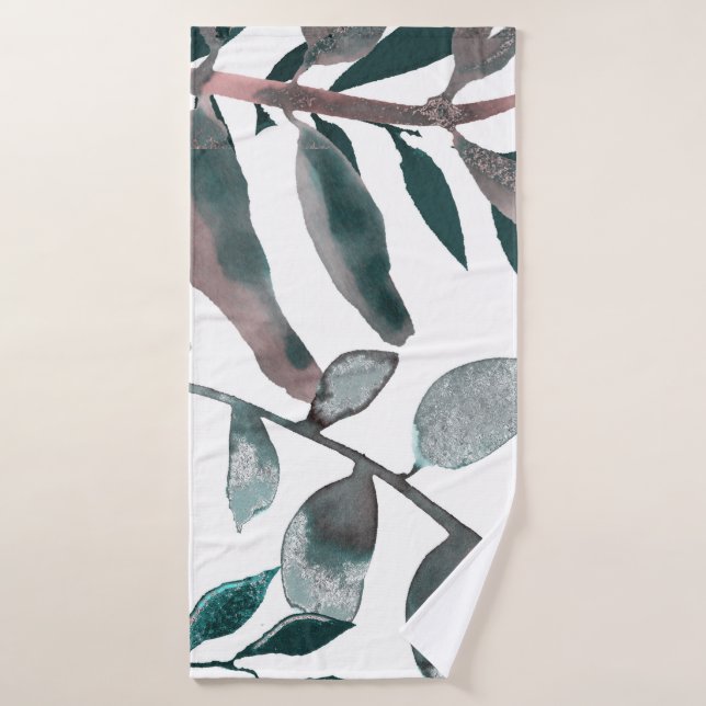 Conjunto De Toalhas Folhas Botânicas de Aquarela com Rosa Rústico (Toalha de Banho)