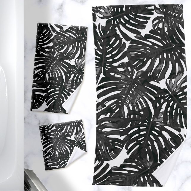 Conjunto De Toalhas Folhas da Selva Branca Negra Moderna Tropical (Towel set with a print of black monstera palm leaves on a white background)