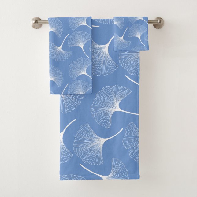 Conjunto De Toalhas Folhas de abstrato branco sobre fundo azul (Insitu)