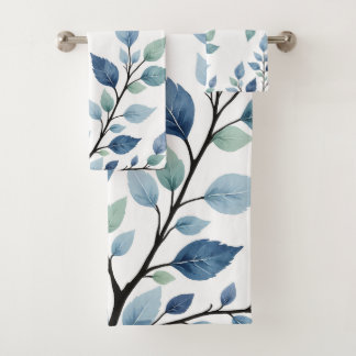Conjunto De Toalhas Folhas de Aquarela Azul Verde Design Botânico 376