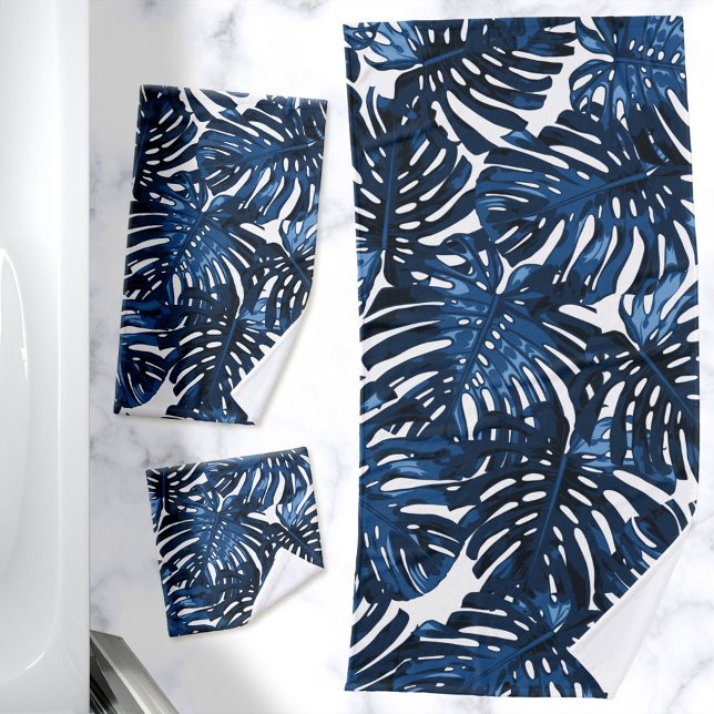 Conjunto De Toalhas Folhas de Marinho Tropical Azul da Junta Branca (Navy blue and white jungle leaves towel set)