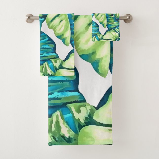 Conjunto De Toalhas Folhas de Monstera Tropical e Azul-Banana (Insitu)