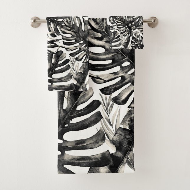Conjunto De Toalhas Folhas de Palma Tropical Preto e Branco Chicote Il (Insitu)