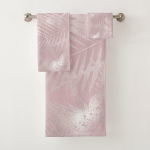 Conjunto De Toalhas Folhas de Palmeira Tropical Botânica Rosa Dourado