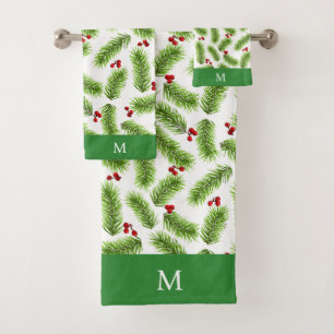 Conjunto De Toalhas Folhas de Pinheiro Verdes e Bagas Monogramadas