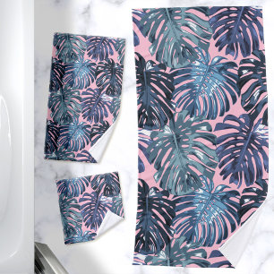 Conjunto De Toalhas Folhas de Selva Azul Rosa Tropicais