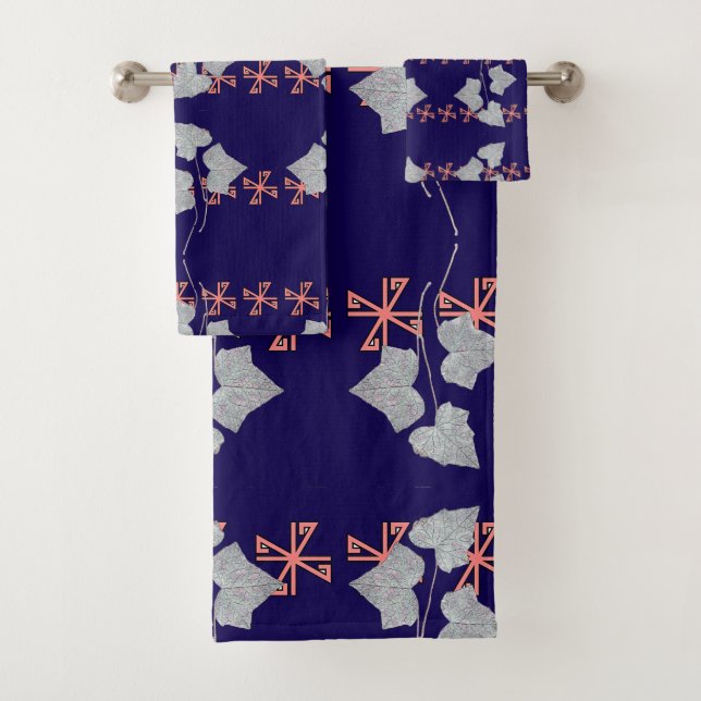 Conjunto De Toalhas Folhas E Asteriscos Azul Naval  (Insitu)