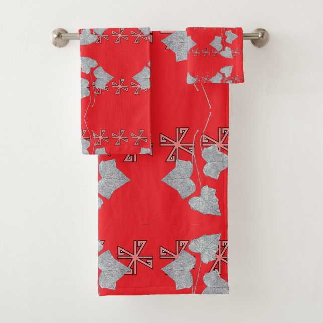 Conjunto De Toalhas Folhas e Asteriscos Vermelhos  (Insitu)