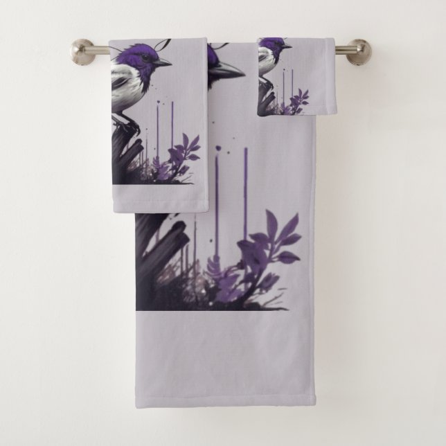 Conjunto De Toalhas Folhas Graciosas de Pássaros e Roxos | Paleta da N (Insitu)