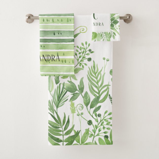 Conjunto De Toalhas Folhas Luxe | Botanicals verde e monograma (Insitu)