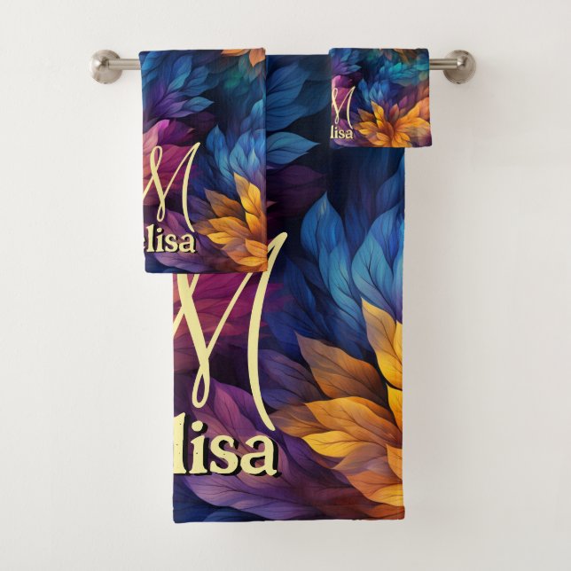 Conjunto De Toalhas Folhas Marinho Azul Roxas Esparsas (Insitu)