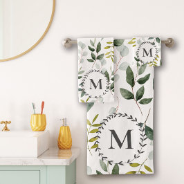 Conjunto De Toalhas Folhas Tropicais de Eucalipto Verde Monogramadas