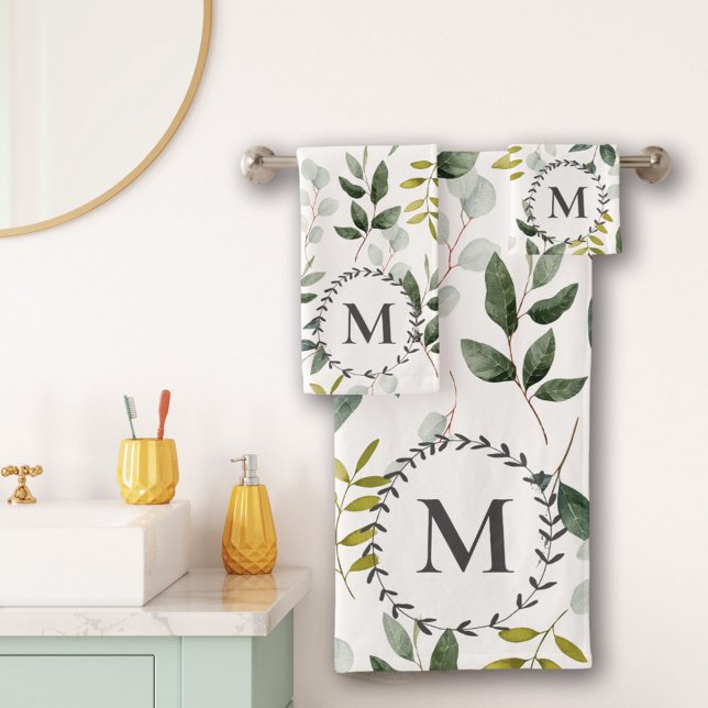 Conjunto De Toalhas Folhas Tropicais de Eucalipto Verde Monogramadas (In situ bathroom wall)