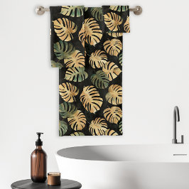 Conjunto De Toalhas Folhas Tropicais de Monstera Padrão Preto Verde Be