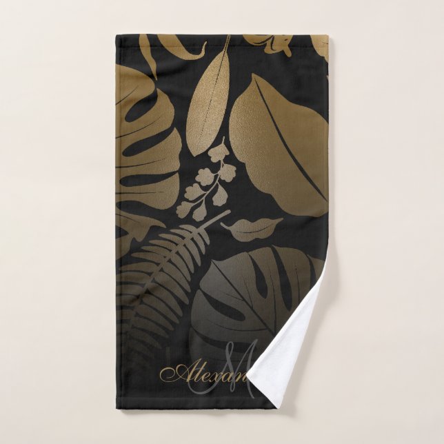Conjunto De Toalhas Folhas tropicais Douradas e pretas (Toalha de mão)
