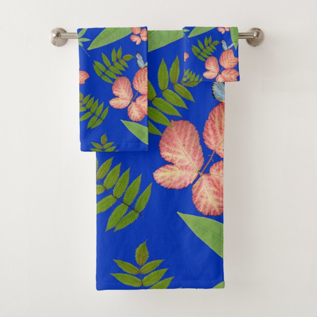 Conjunto De Toalhas Folhas tropicais em azul (Insitu)