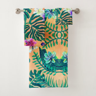 Conjunto De Toalhas folhas tropicais em laranja