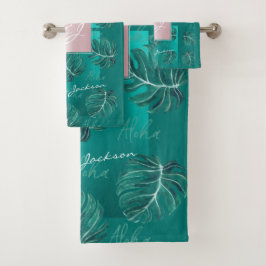 Conjunto De Toalhas Folhas tropicais modernas monograma de ouro rosa n