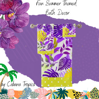 Conjunto De Toalhas Folhas Tropicais Roxo, Mauve, Lemon, Trim Limão