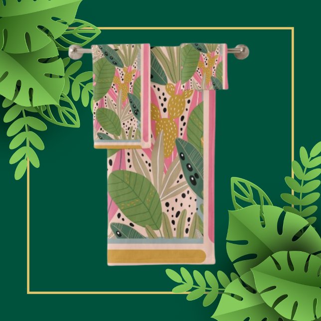 Conjunto De Toalhas Folhas Tropicais, Verde, Rosa, Cores de Beachê (Criador carregado)