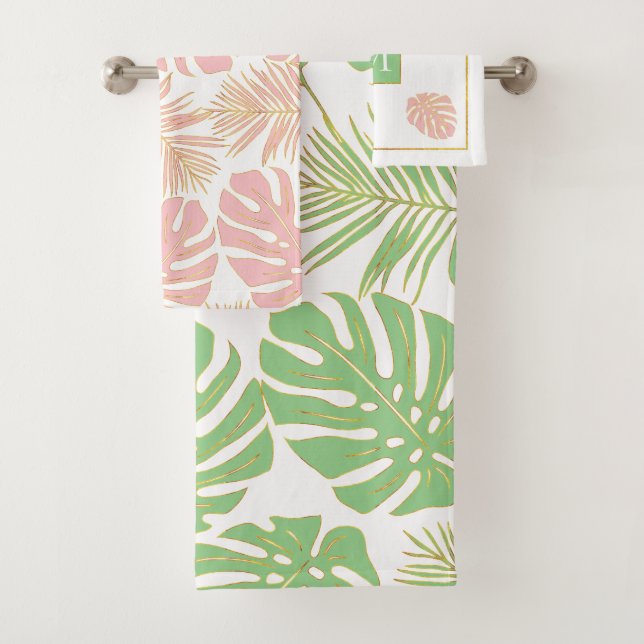 Conjunto De Toalhas Folhas tropicais verdes e cor-de-rosa modernas (Insitu)