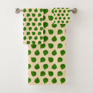 Conjunto De Toalhas Folhas Verdes da Árvore de Jade em Bege Dourado