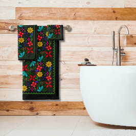 Conjunto De Toalhas Folk Floral Latino-Americano Elegante | Preto