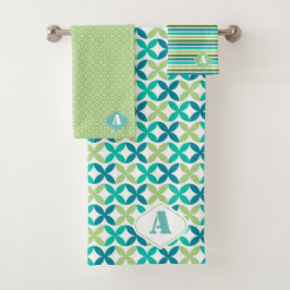 Conjunto De Toalhas Formas Geométricas Verdes Azuis Monogramas Moderno