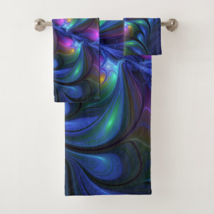Conjunto De Toalhas Fractal verde cor-de-rosa azul abstrato luminoso