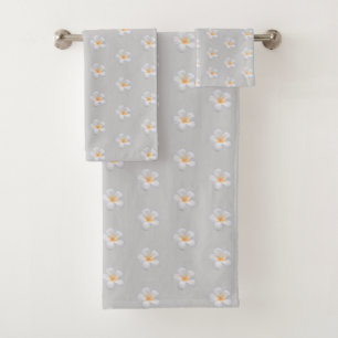 Conjunto De Toalhas Frangipani Flores de Plumeria em Cinza Prateado Cl