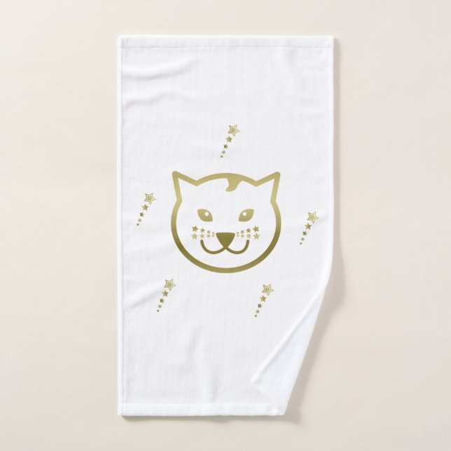 Conjunto De Toalhas Frente de Gato Dourada - Cor de Fundo Personalizad (Toalha de mão)