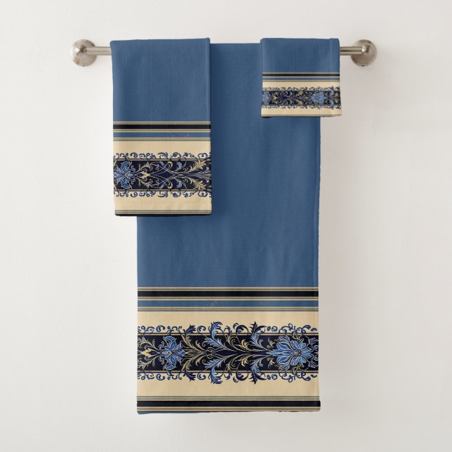 Conjunto De Toalhas Fronteira Vitoriana Azul e Dourada (Insitu)